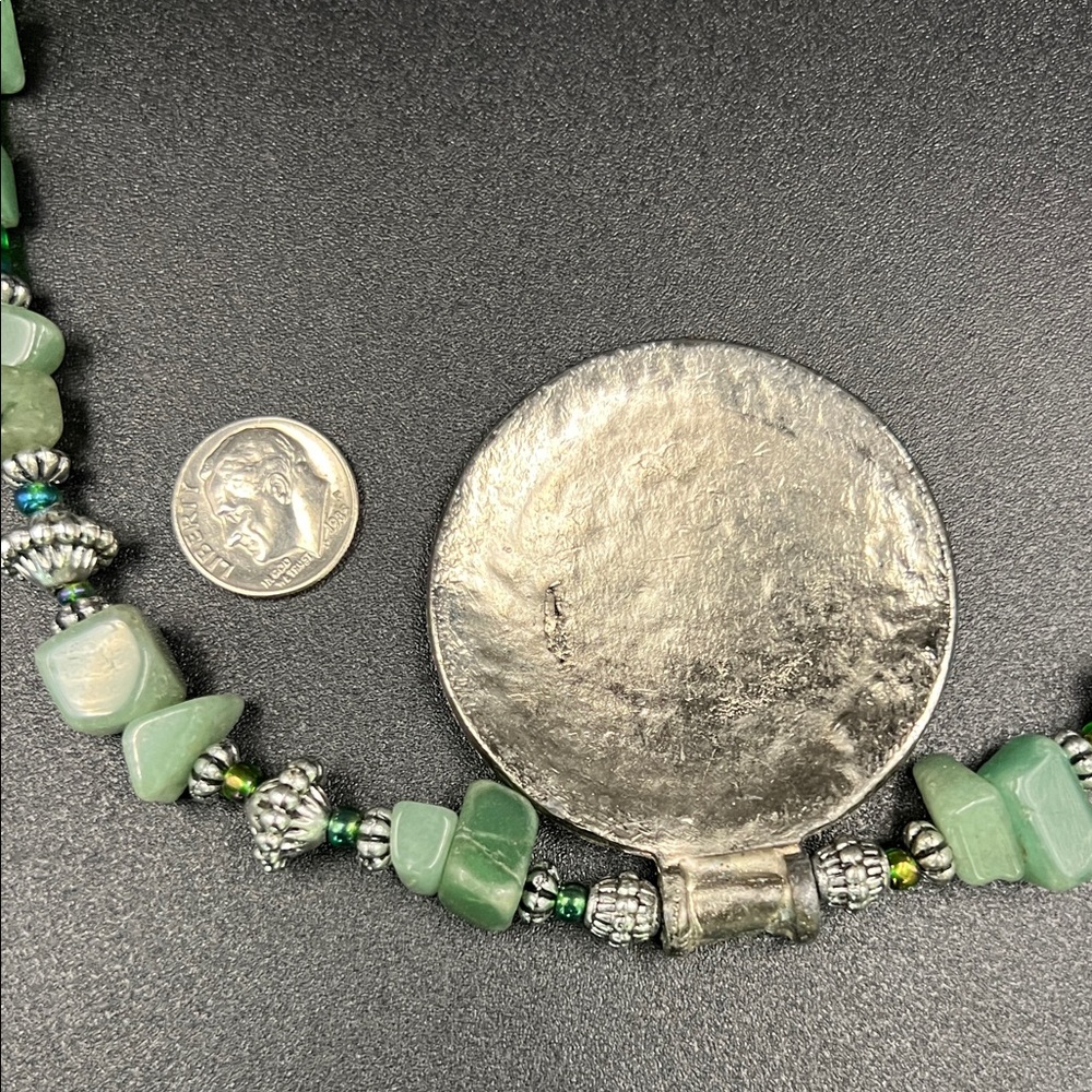 Artisan Handmade Green Stone 20” Necklace with Silver Medallion Pendant - Picture 3 of 10